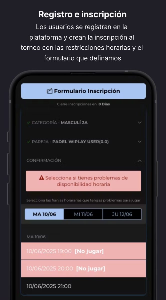 Pantalla de inscripción del jugador